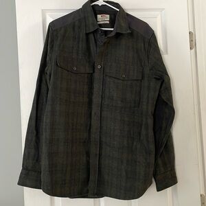 Fjallraven wool button up shirt in green and blue plaid w/navy elbow patches.